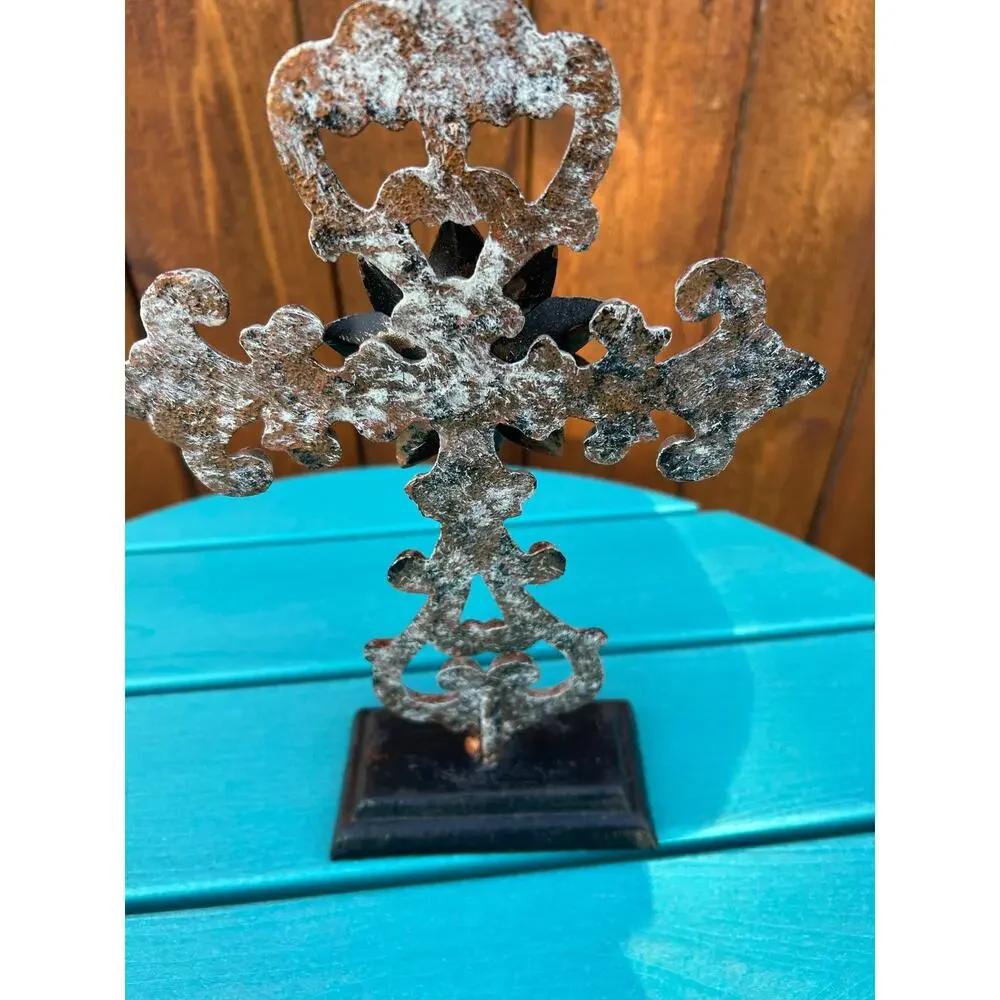 Rustic Cast Iron Standing Cross Turquoise Fleur De Lis Western Home Decor